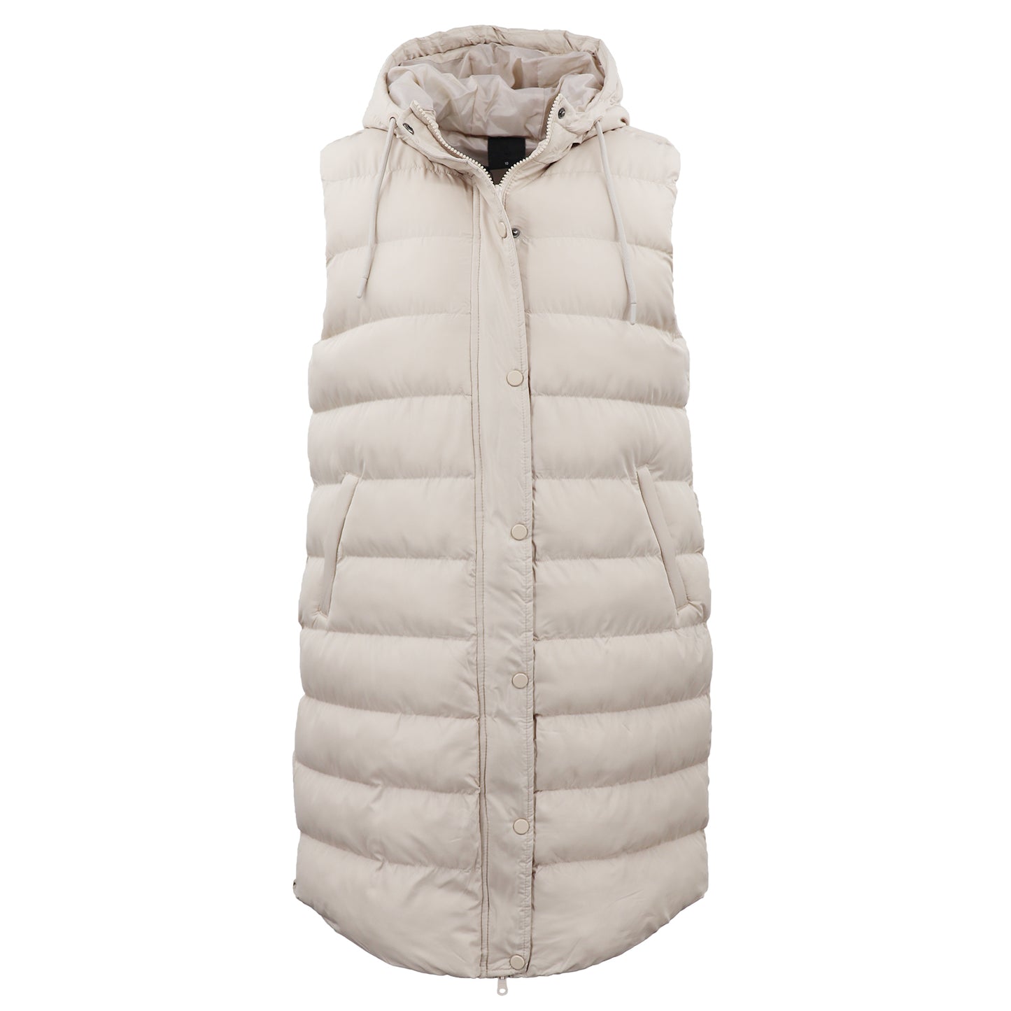 Women's Longline Padded Vest Hooded Jacket Puffer Puffy Quilted Zip Coat Gilet, Khaki, 10 - Image 2