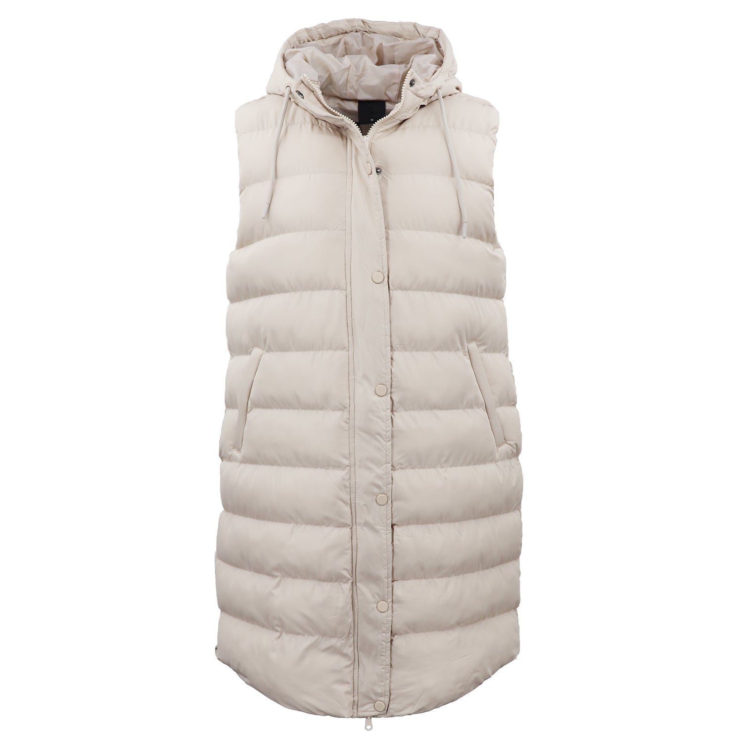 Women's Longline Padded Vest Hooded Jacket Puffer Puffy Quilted Zip Coat Gilet, Khaki, 10 - Image 2