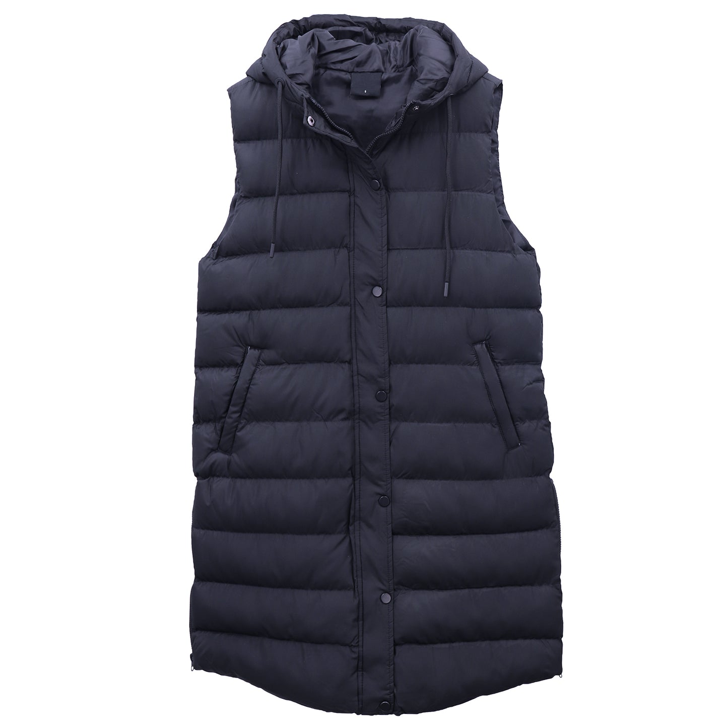 Women's Longline Padded Vest Hooded Jacket Puffer Puffy Quilted Zip Coat Gilet, Navy, 8