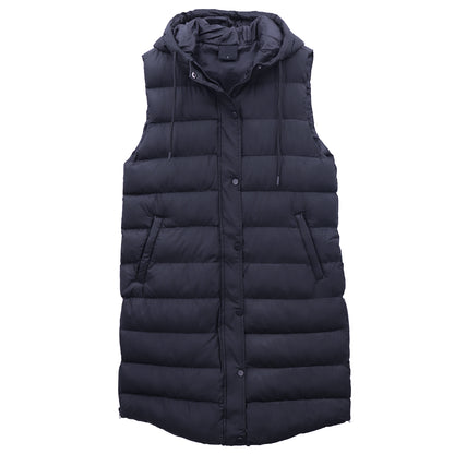 Women's Longline Padded Vest Hooded Jacket Puffer Puffy Quilted Zip Coat Gilet, Navy, 8
