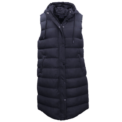Women's Longline Padded Vest Hooded Jacket Puffer Puffy Quilted Zip Coat Gilet, Navy, 8 - Image 2