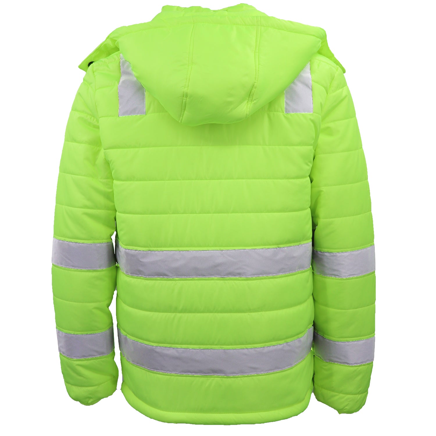 HI VIS Puffer Safety Jacket Reflective Tape Removable Hood Zip Pocket Puffy Coat, Fluro Yellow, 5XL - Image 2