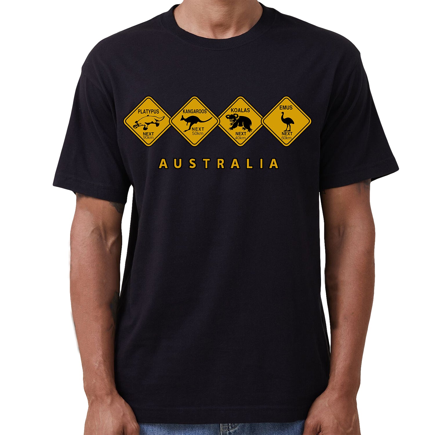 Adult Unisex 100% Cotton T Shirt Australia Wildlife Road Sign Souvenir Tee Tops, Black, L