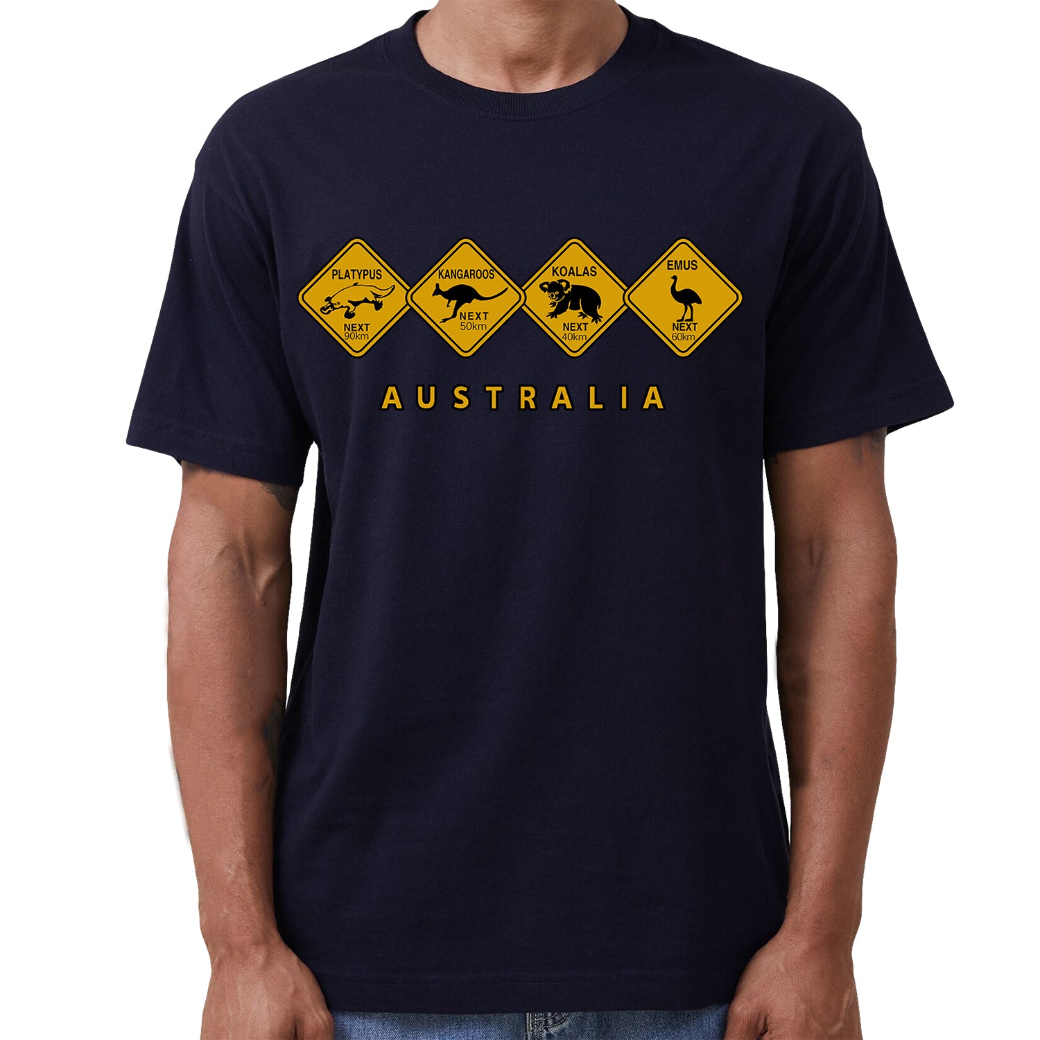 Adult Unisex 100% Cotton T Shirt Australia Wildlife Road Sign Souvenir Tee Tops, Navy, 3XL