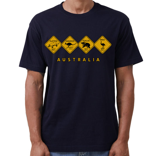Adult Unisex 100% Cotton T Shirt Australia Wildlife Road Sign Souvenir Tee Tops, Navy, 3XL