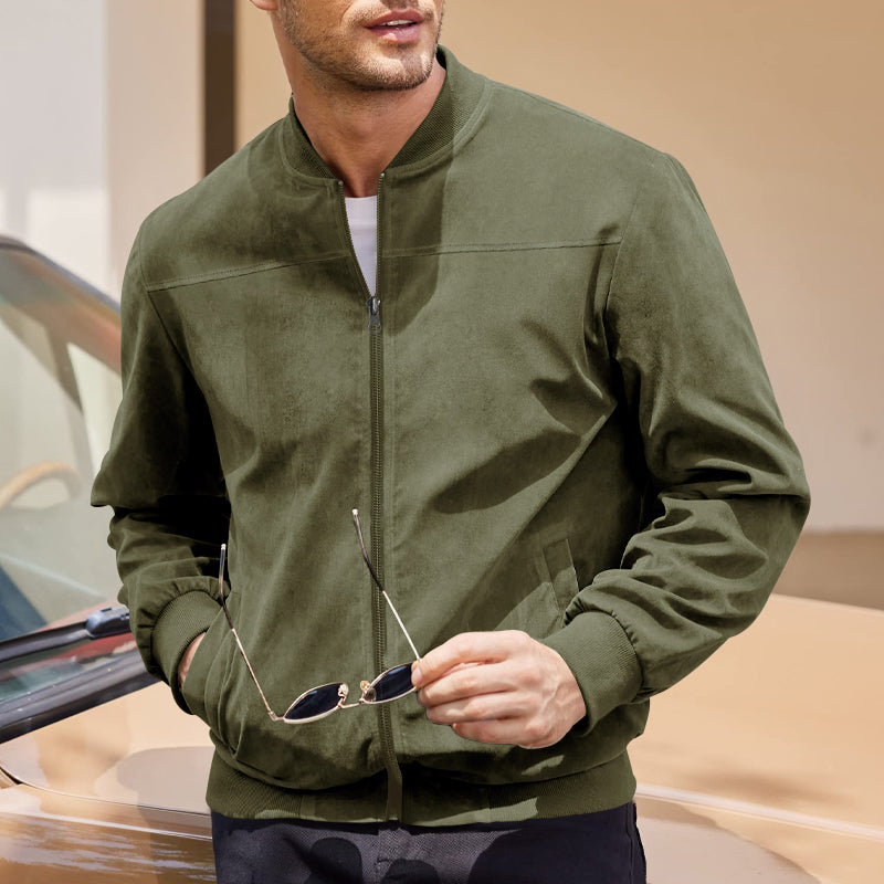 Men's Varsity Bomber Flight Jacket Breathable Windbreaker Zip Coat Faux Leather, Green, L - Image 2