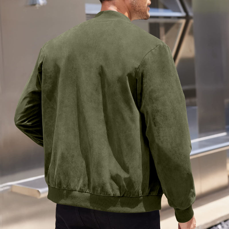 Men's Varsity Bomber Flight Jacket Breathable Windbreaker Zip Coat Faux Leather, Green, L - Image 3