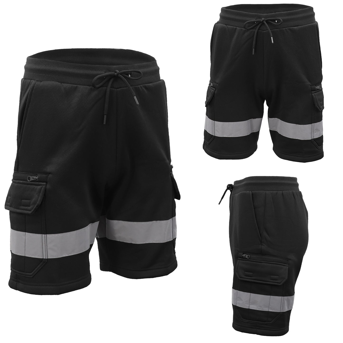 Hi Vis Fleece Work Cargo Shorts w Reflective Tape Workwear Tradie Utility Pants, Black, M - Image 2