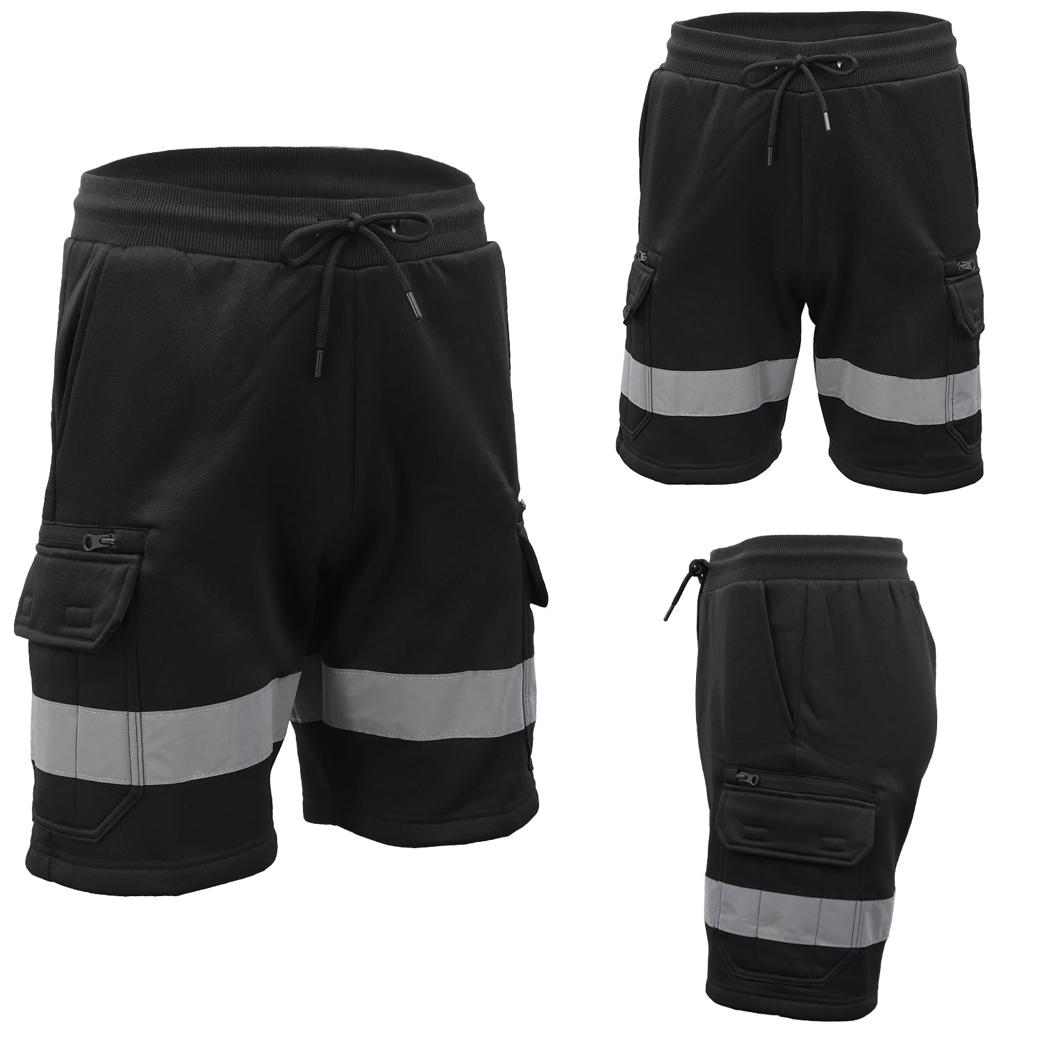 Hi Vis Fleece Work Cargo Shorts w Reflective Tape Workwear Tradie Utility Pants, Black, M - Image 2