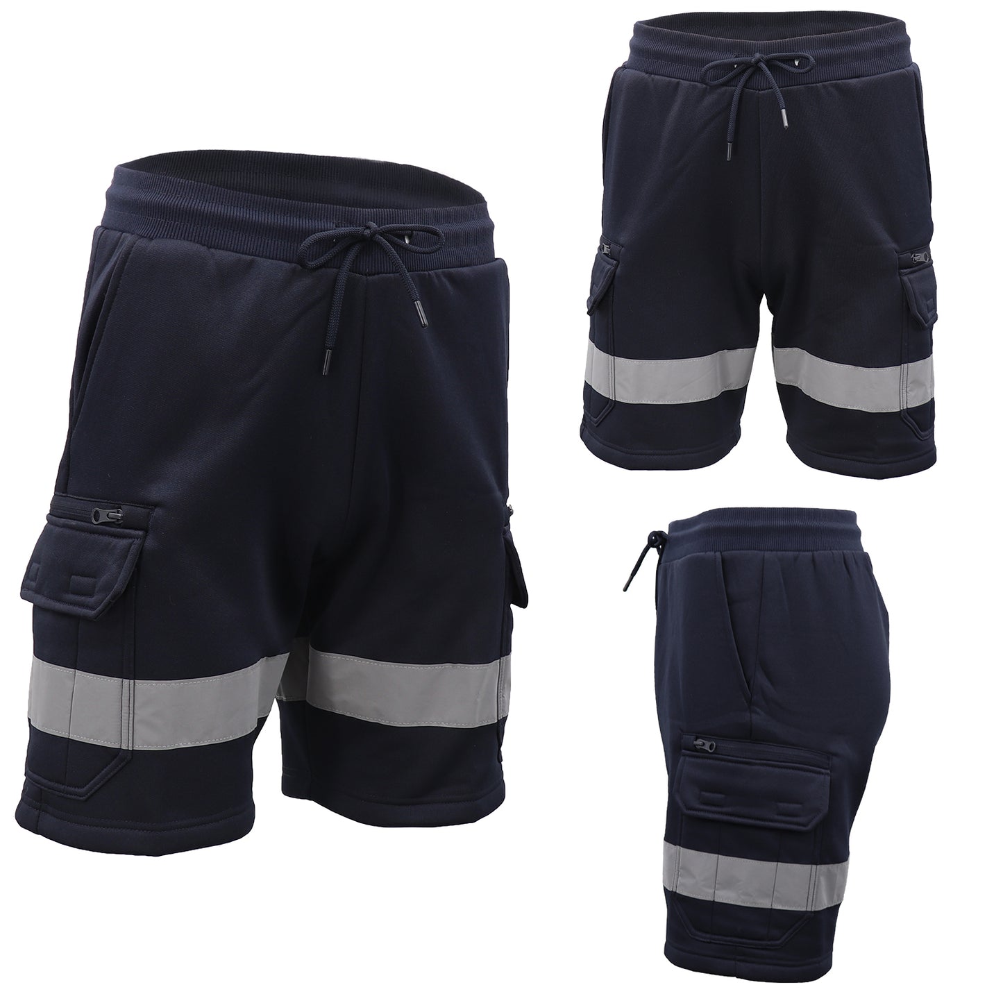 Hi Vis Fleece Work Cargo Shorts w Reflective Tape Workwear Tradie Utility Pants, Navy, S - Image 2
