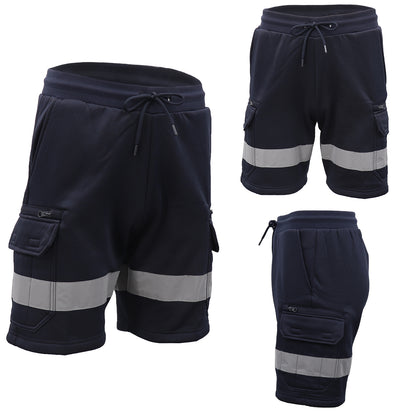 Hi Vis Fleece Work Cargo Shorts w Reflective Tape Workwear Tradie Utility Pants, Navy, L - Image 2