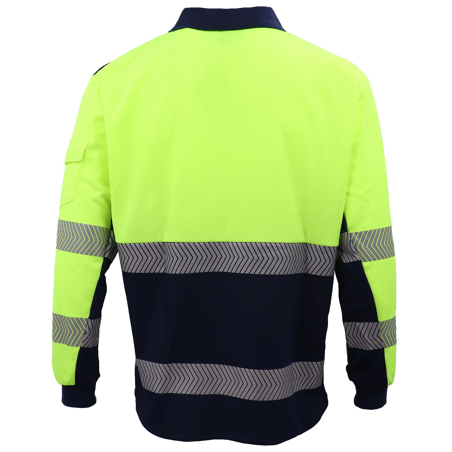 HI VIS Long Sleeve Polo Shirt Reflective Tape Safety Tradie Work Wear Tops Tee, Fluro Yellow / Navy, 3XL - Image 2