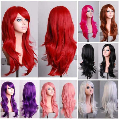 70cm Wavy Curly Sleek Full Hair Lady Wigs w Side Bangs Cosplay Costume Womens, Hot Pink - Image 2