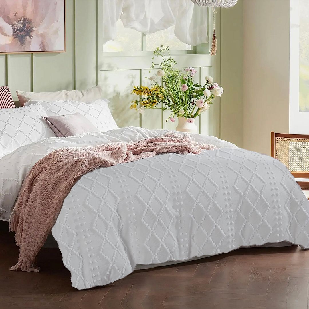 Tufted Boho Embroidery Quilt/Doona/Duvet Cover Set - White - Queen Size - Image 2