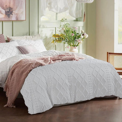 Tufted Boho Embroidery Quilt/Doona/Duvet Cover Set - White - Super King Size - Image 2