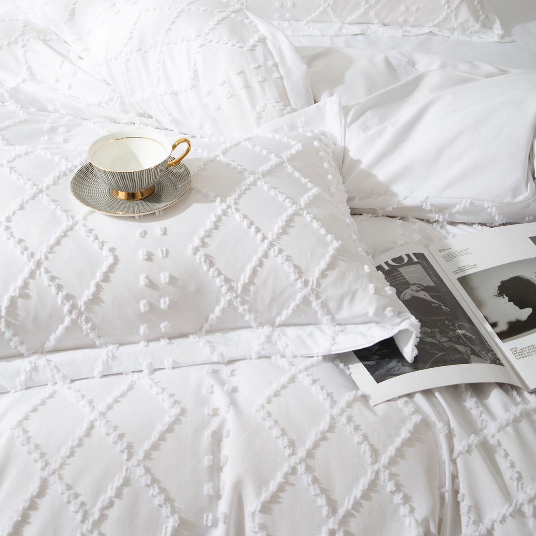 Tufted Boho Embroidery Quilt/Doona/Duvet Cover Set - White - Super King Size - Image 3