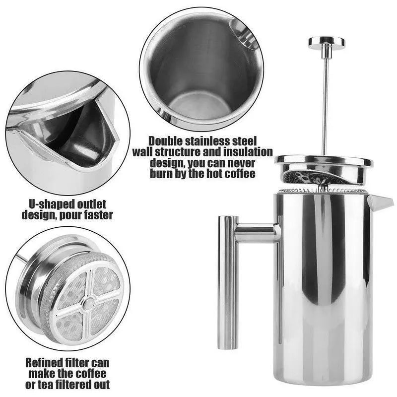 Silver French Press Coffee Maker 1000ml with Coffee Bean Can + Extra Filter Gift Set - Image 3