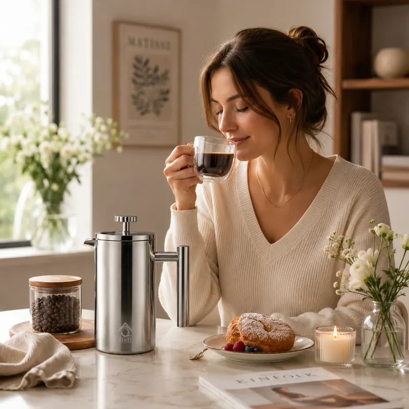 Silver French Press Coffee Maker 1000ml with Coffee Bean Can + Extra Filter Gift Set - Image 5