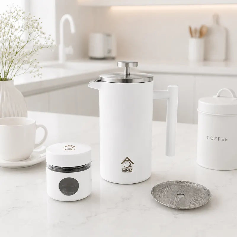 White French Press Coffee Maker 1000ml with Coffee Bean Can + Extra Filter Gift Set - Image 2