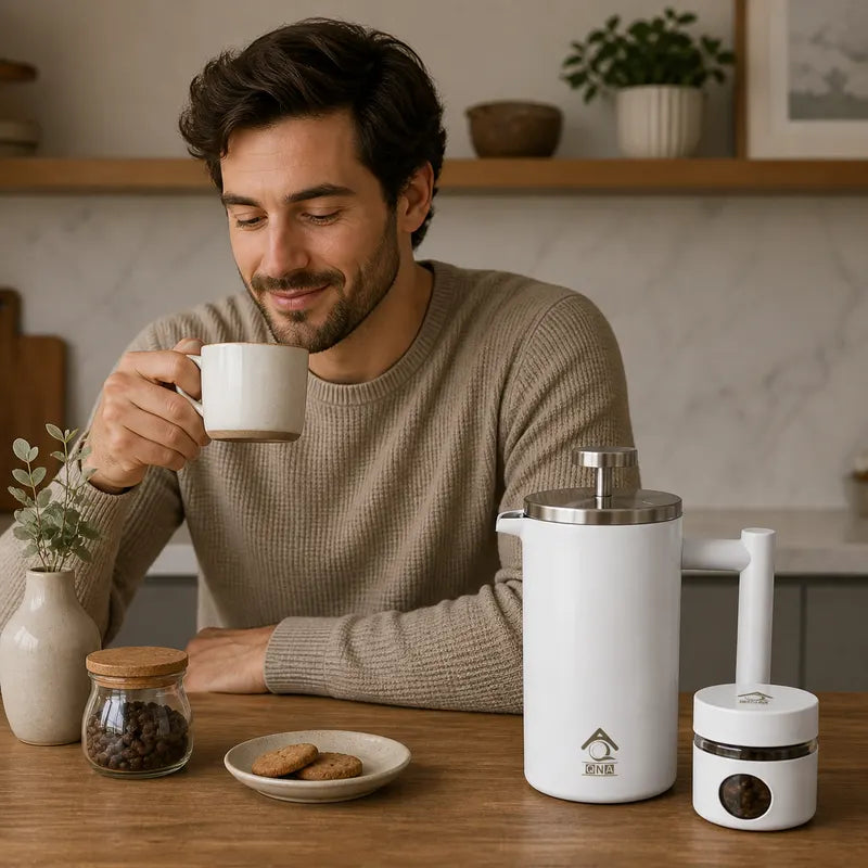 White French Press Coffee Maker 1000ml with Coffee Bean Can + Extra Filter Gift Set - Image 4