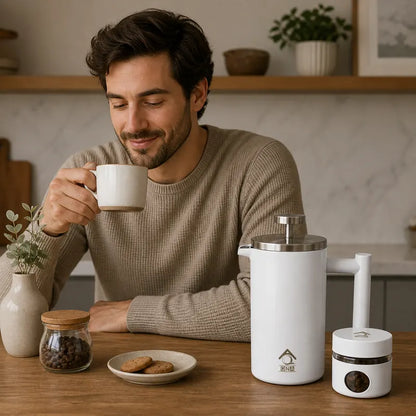 White French Press Coffee Maker 1000ml with Coffee Bean Can + Extra Filter Gift Set - Image 4