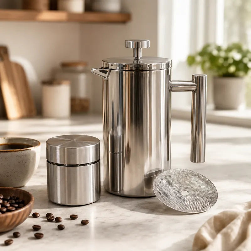 Silver French Press Coffee Maker 350ml with Coffee Bean Can + Extra Filter Gift Set - Image 6