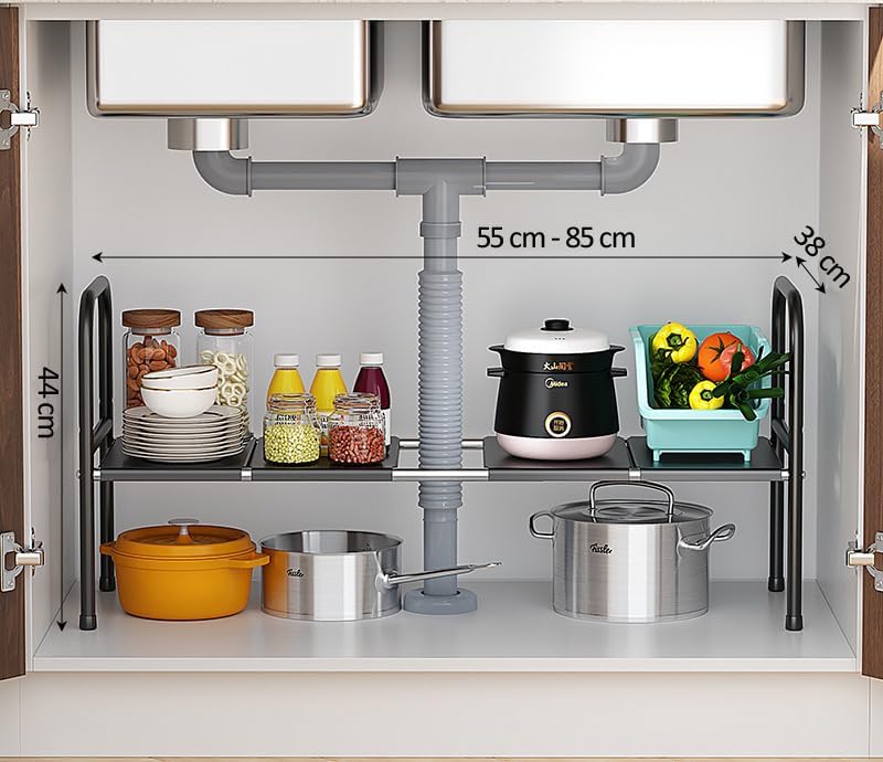 Extendable Storage Rack Under Sink Shelf  Kitchen Organizer black - Image 3
