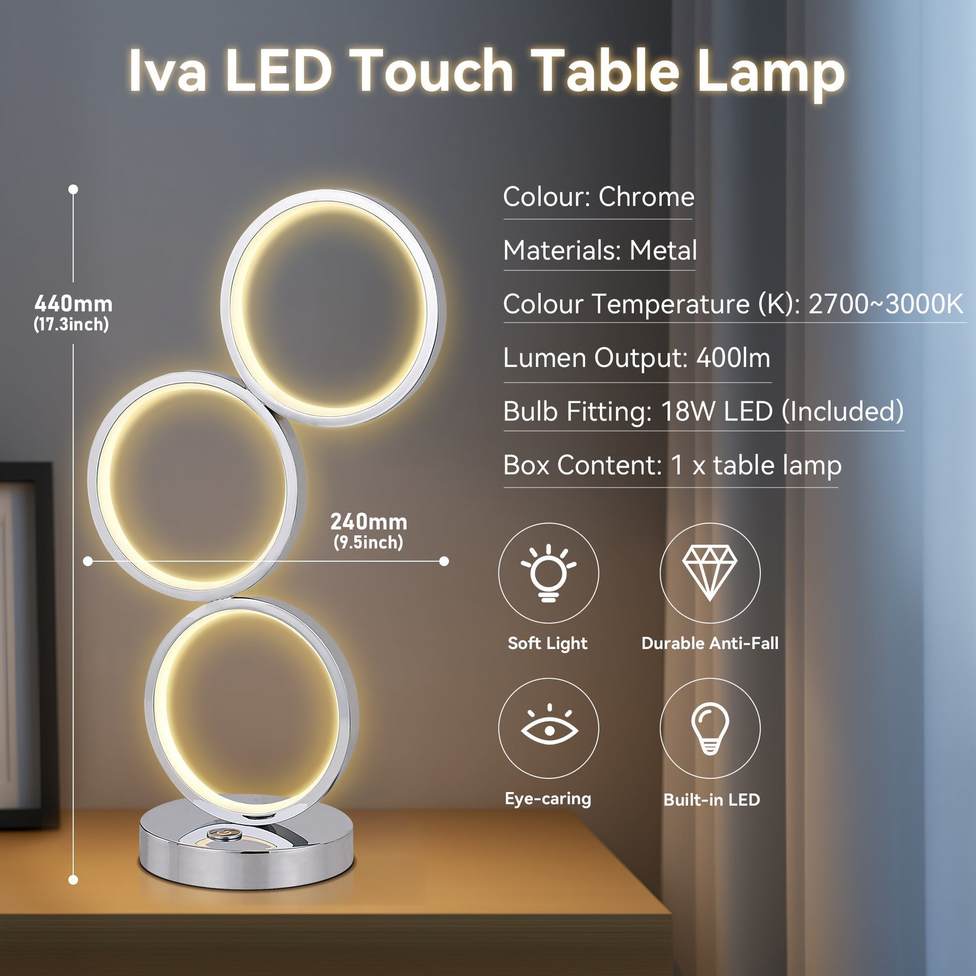 Iva LED Touch Table Lamp - Rose Gold/Chrome - Image 5
