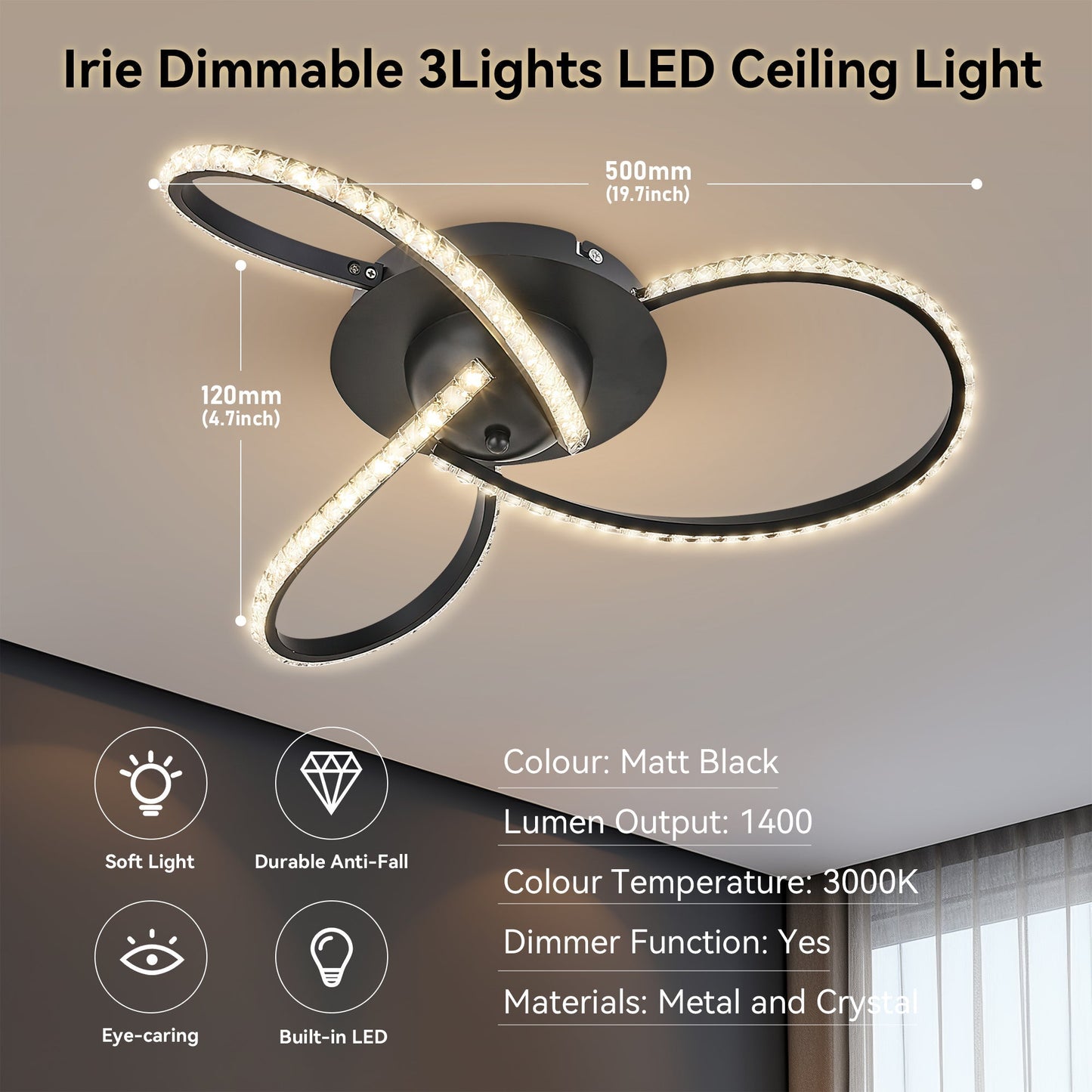 Irie Dimmable 3 Lights LED Ceiling Light - Black - Image 8
