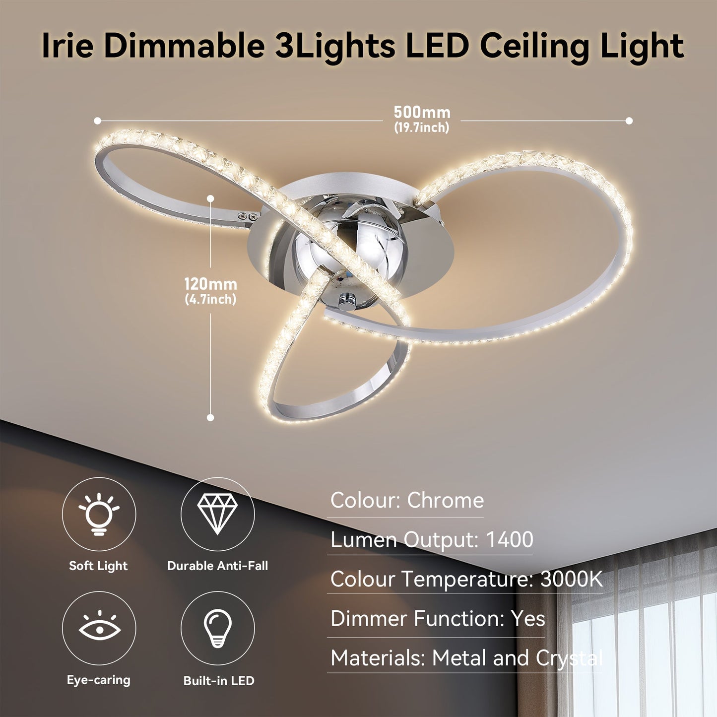 Irie Dimmable 3 Lights LED Ceiling Light - Chrome - Image 6