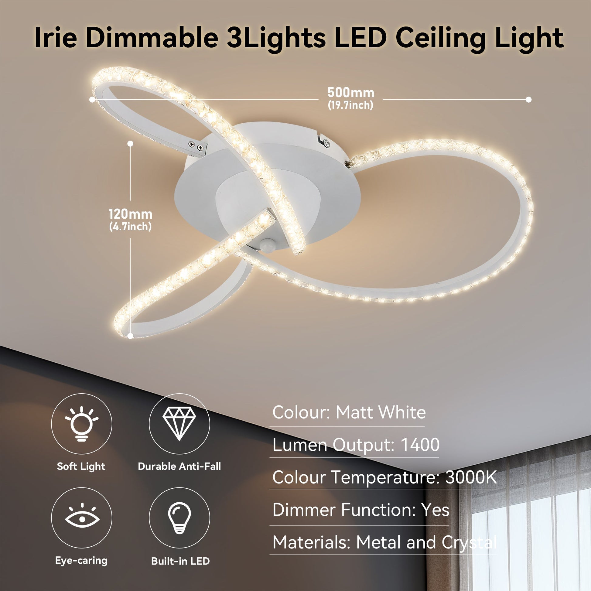 Irie Dimmable 3 Lights LED Ceiling Light - White - Image 6