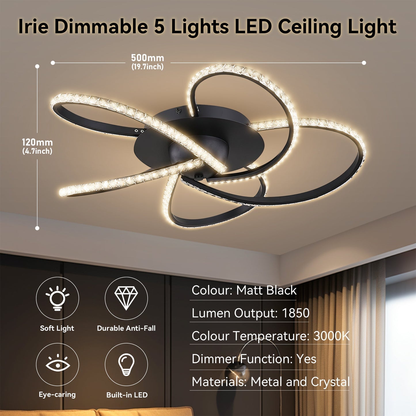 Irie Dimmable 5 Lights LED Ceiling Light - Black - Image 8
