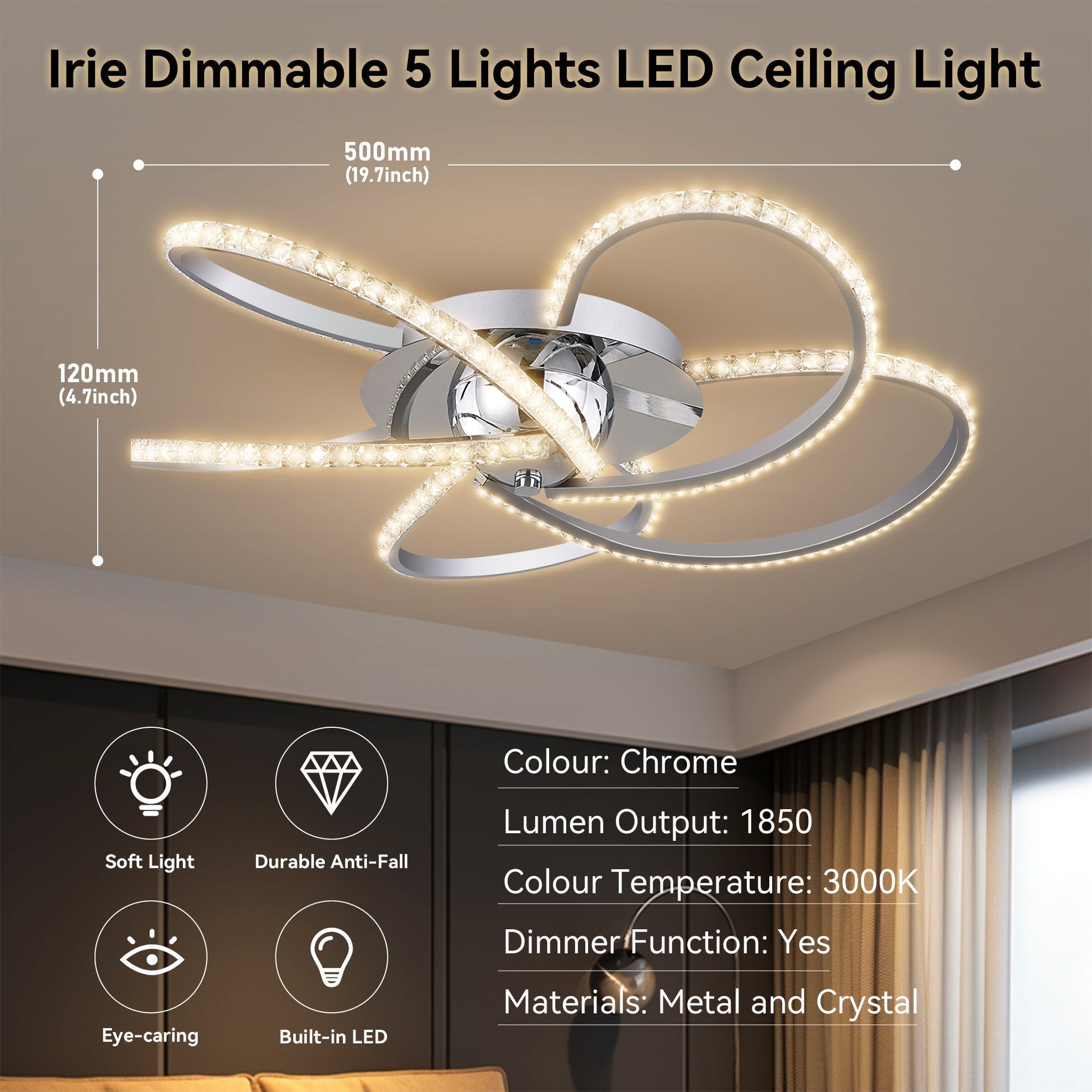 Irie Dimmable 5 Lights LED Ceiling Light - Chrome - Image 6