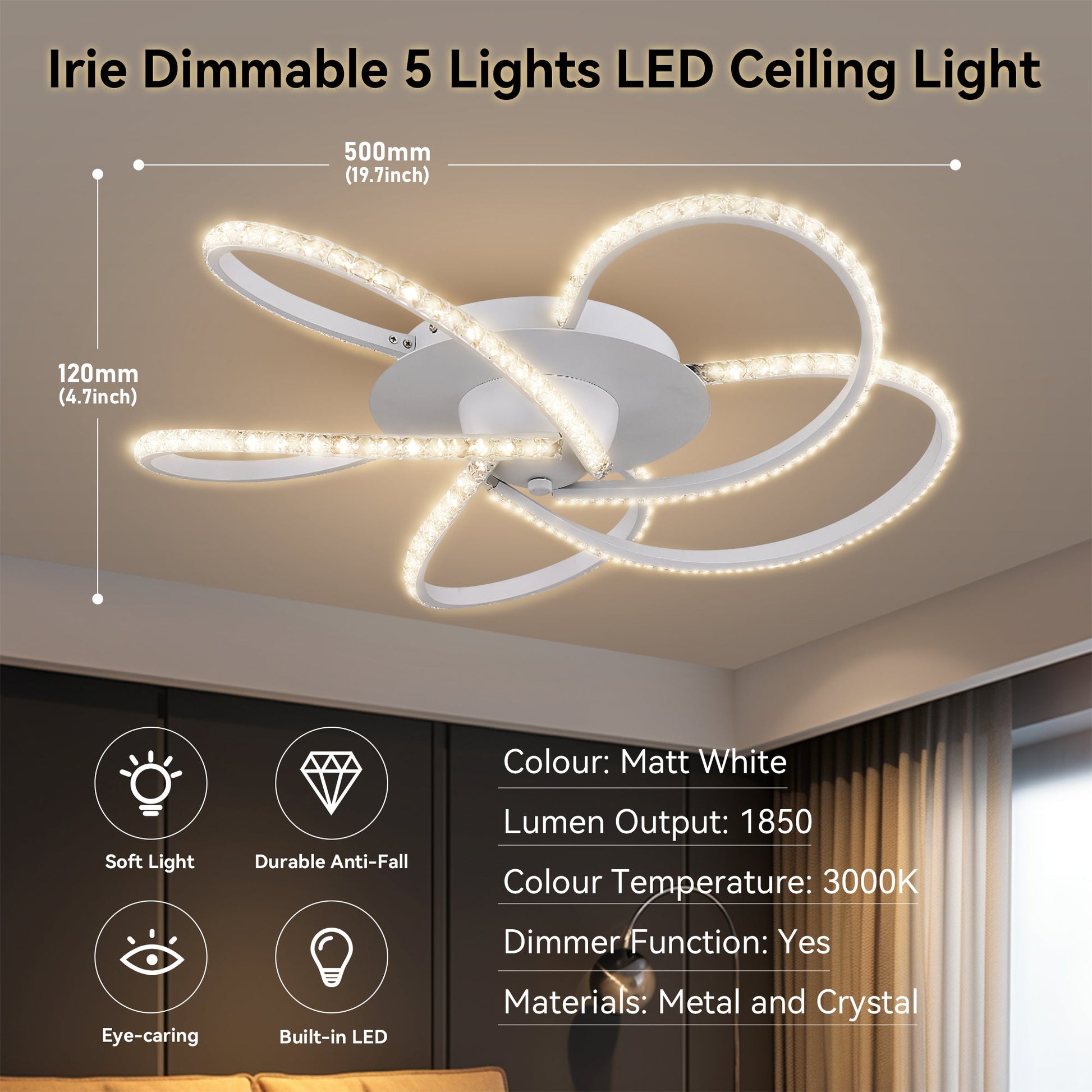 Irie Dimmable 5 Lights LED Ceiling Light - White - Image 8