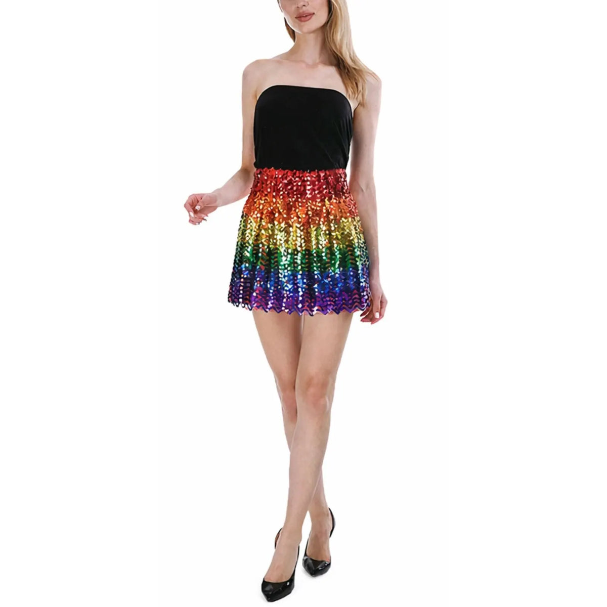 Ladies Sequin Fringe Tassel Skirt Adult Costume Dance Party Dress Up - Rainbow - Image 2