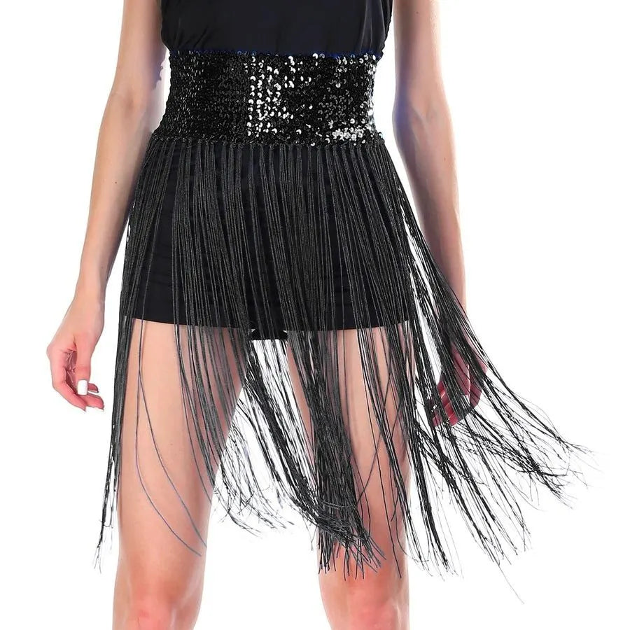 Sequin Belt w/Fringe Skirt Belly Dance Dancer Costume Party - Black - Image 2