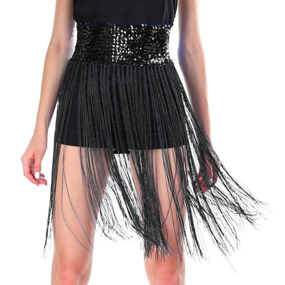 Sequin Belt w/Fringe Skirt Belly Dance Dancer Costume Party - Black - Image 2