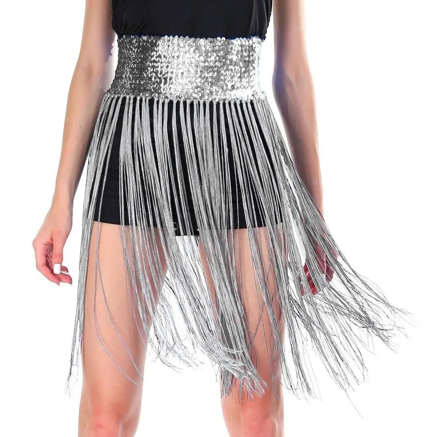Sequin Belt w/Fringe Skirt Belly Dance Dancer Costume Party - Silver/White - Image 2
