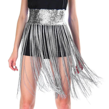 Sequin Belt w/Fringe Skirt Belly Dance Dancer Costume Party - Silver/White - Image 2