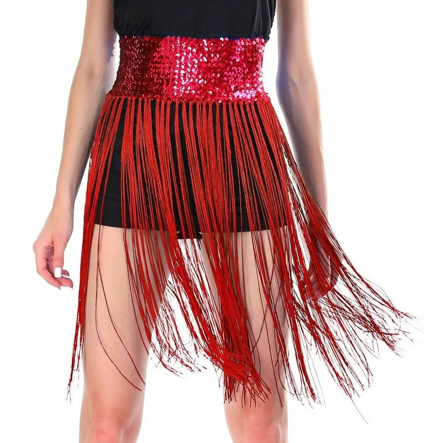 Sequin Belt w/Fringe Skirt Belly Dance Dancer Costume Party - Red - Image 2