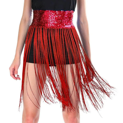 Sequin Belt w/Fringe Skirt Belly Dance Dancer Costume Party - Red - Image 2