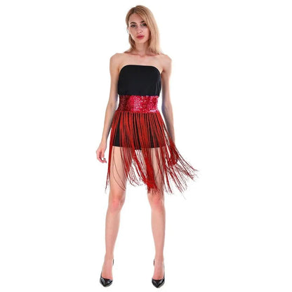 Sequin Belt w/Fringe Skirt Belly Dance Dancer Costume Party - Red - Image 3