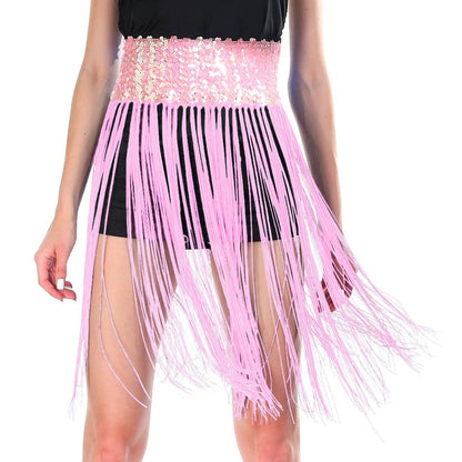 Sequin Belt w/ Fringe Skirt Belly Dance Dancer Costume Party - Light Pink - Image 2