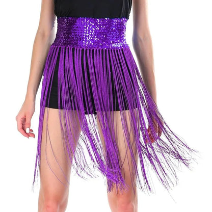 Sequin Belt w/ Fringe Skirt Belly Dance Dancer Costume Party Womens - Purple - Image 2