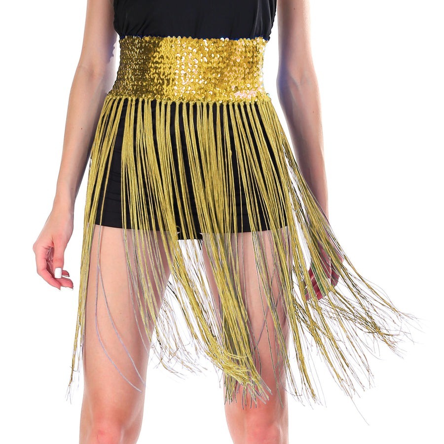 Sequin Belt w/Fringe Skirt Belly Dance Dancer Costume Party - Gold/Yellow - Image 2