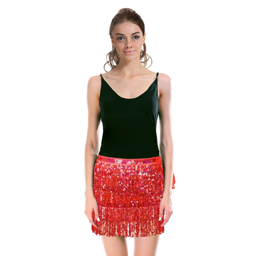 Adult Sequin Fringe Skirt w/ Adjustable Tie Costume Party in Red - Image 2