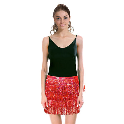 Adult Sequin Fringe Skirt w/ Adjustable Tie Costume Party in Red - Image 2
