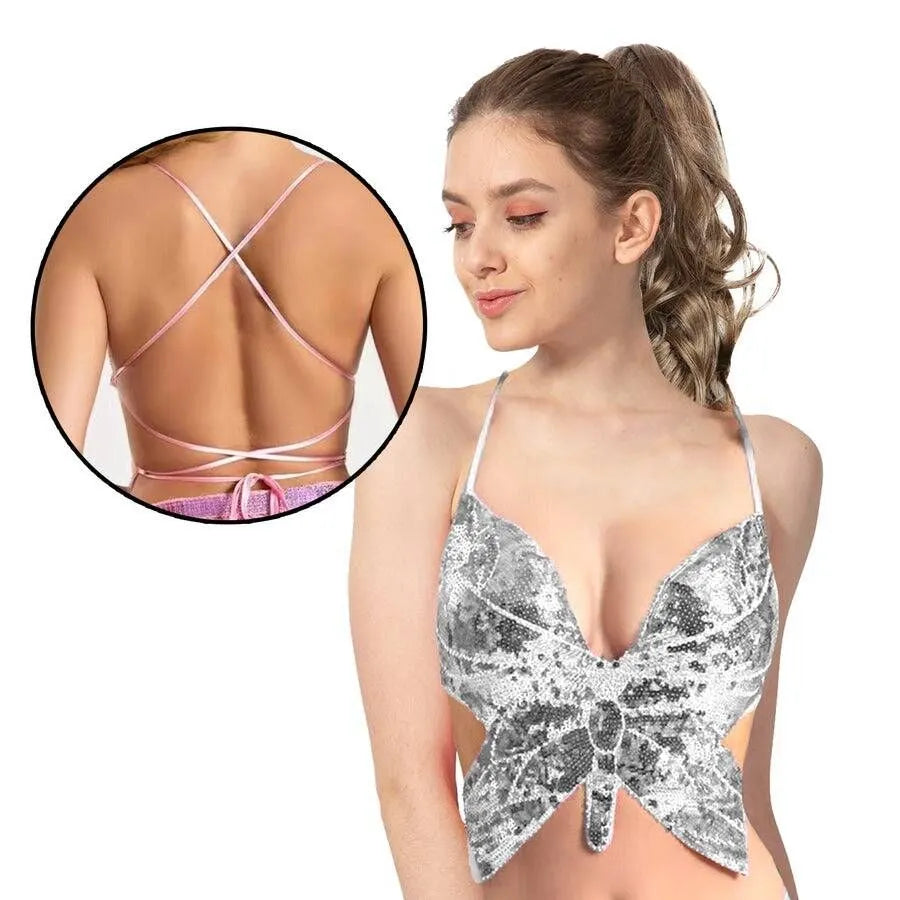 Adult Sequin Butterfly Top w Ribbon Ties Costume Party in Silver - Image 3