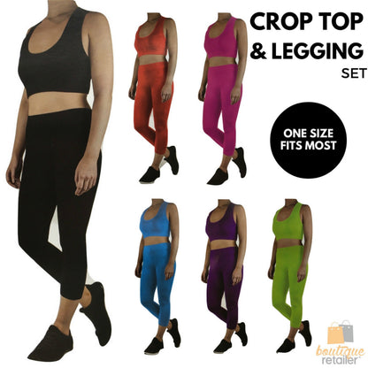 Womens CROP TOP Tank + LEGGING Pants SET Jogger Sport Party Tracksuit Gym Yoga - Red - Image 4