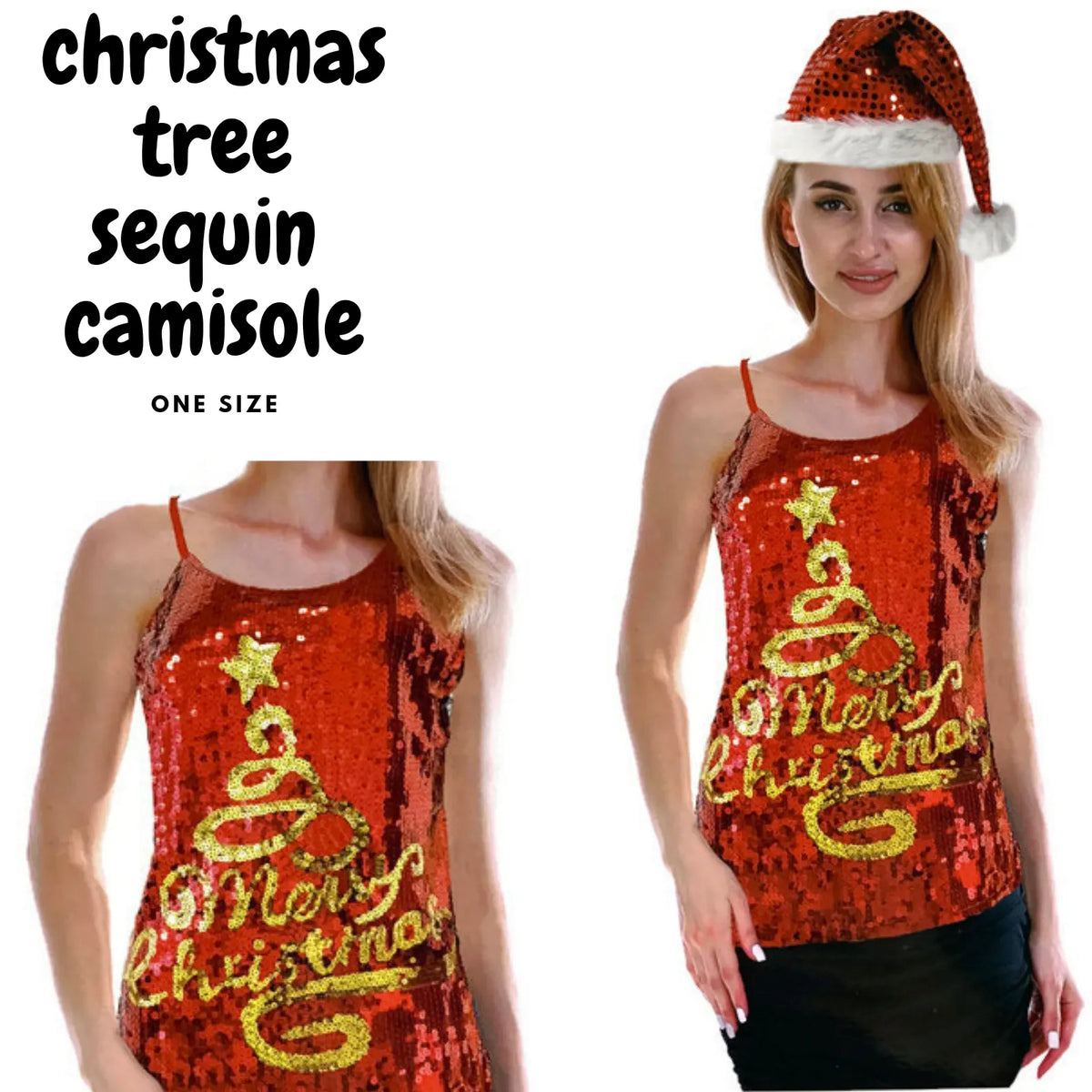 Womens Merry Christmas Tree Sequin Singlet Camisole Cami Costume Xmas Party - Image 2